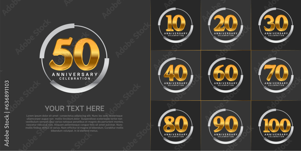 set of anniversary logo with golden number in silver circle can be use for celebration set of anniversary logo with golden number in silver circle can be use for celebration