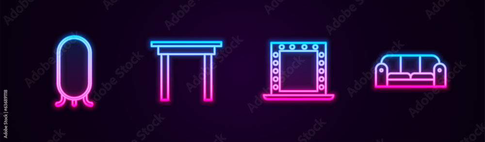 Set line Big full length mirror, Wooden table, Makeup with lights and Sofa. Glowing neon icon. Vector Set line Big full length mirror, Wooden table, Makeup with lights and Sofa. Glowing neon icon. Vector