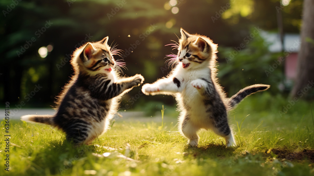 Obraz premium Two Kittens Chasing Each Other in the Grass.Generative Ai