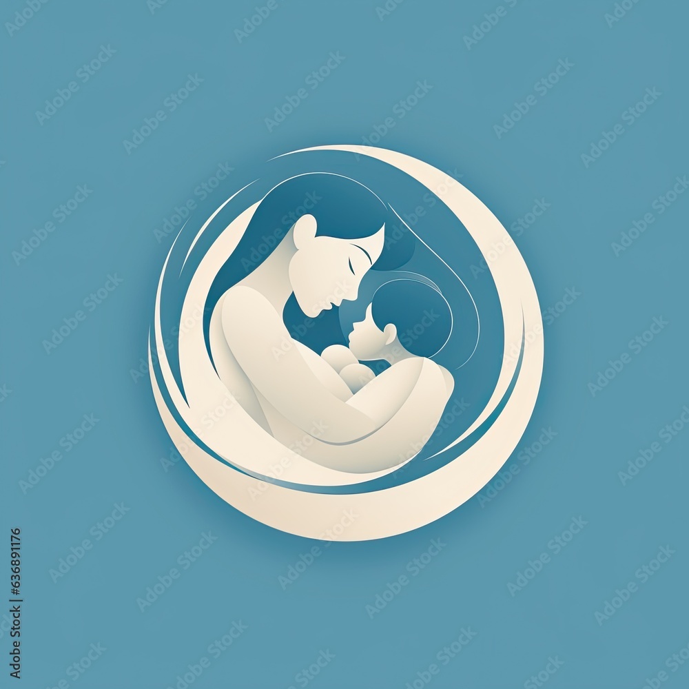 Logo, mother and baby, minimalist style, flat illustration in blue and white colours Logo, mother and baby, minimalist style, flat illustration in blue and white colours