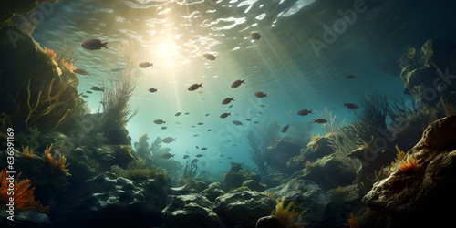 underwater scene with fish, rays of light and sun