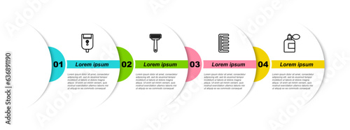 Set line Electric razor blade for men, Shaving, Hairbrush and Aftershave bottle with atomizer. Business infographic template. Vector