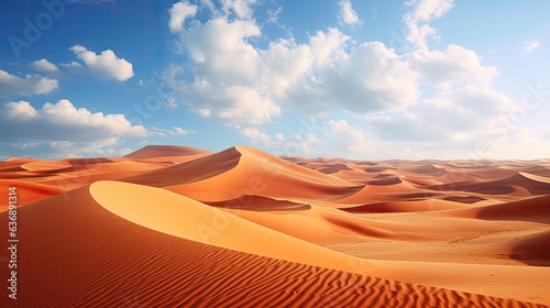 fantastic dunes in the desert at sunny day with clouds with an oasis