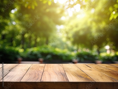 empty wooden table in modern style for product presentation with a blurred green summer forest in the background