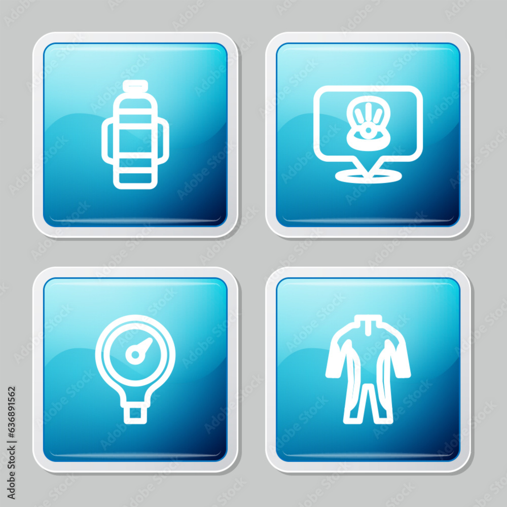 Set line Aqualung, Scallop sea shell, Gauge scale and Wetsuit for scuba diving icon. Vector