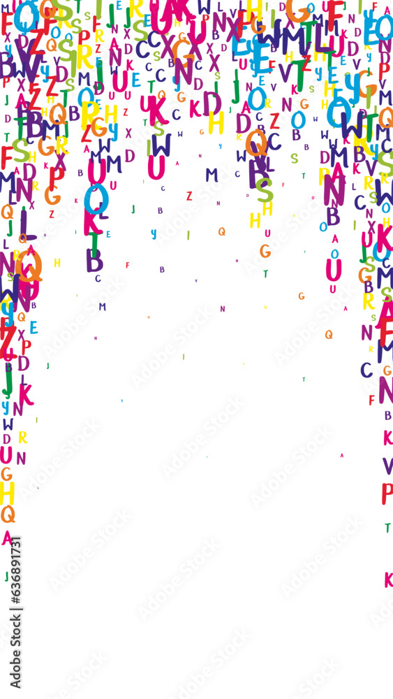 Fototapeta premium Scattered letters of latin alphabet. Colorful childish floating characters of English language. Foreign languages study concept. Back to school banner on white background.