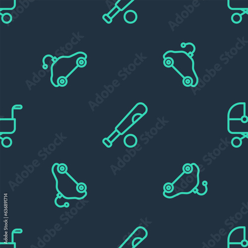 Set line Baseball bat with ball, Radio controlled car toy and Baby stroller on seamless pattern. Vector