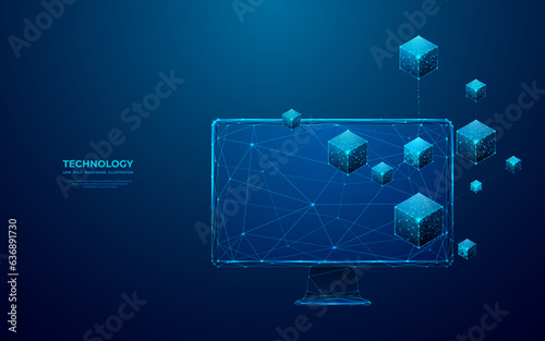 Abstract digital isometric blockchain icon on a computer monitor screen. Linked blocks Technology or metaverse concept. Vector illustration on blue background in futuristic low poly wireframe style.