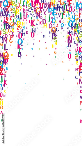 Scattered letters of latin alphabet. Colorful childish floating characters of English language. Foreign languages study concept. Back to school banner on white background.