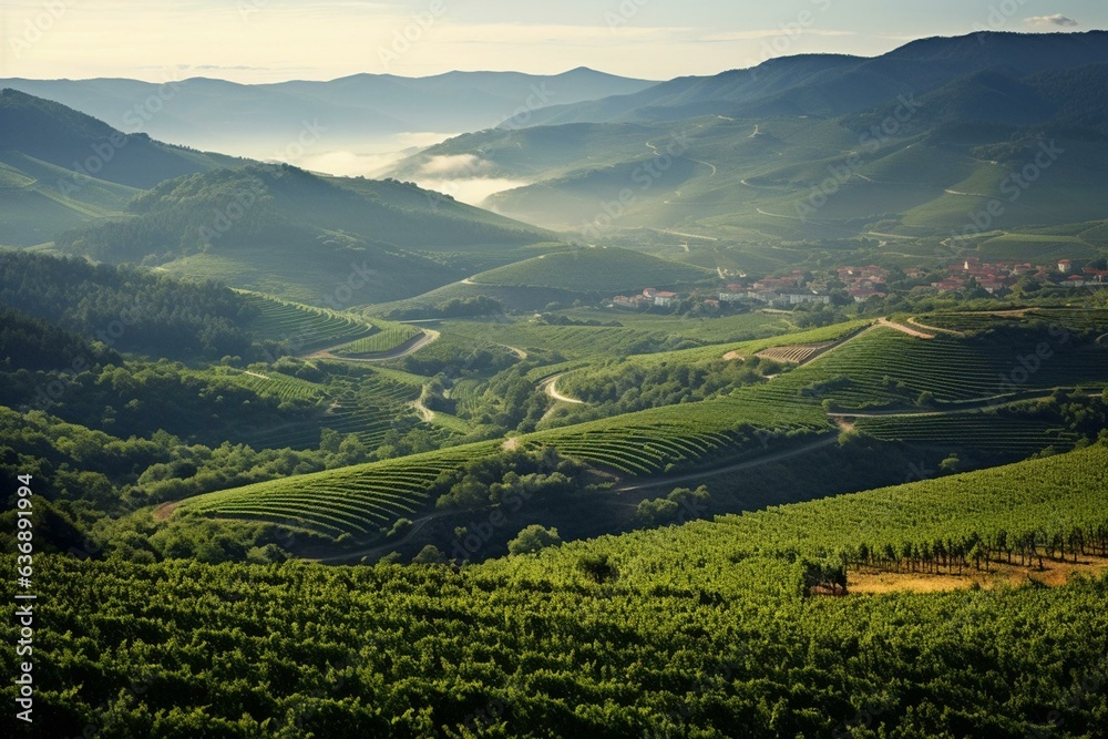 Vast vineyards in Pontevedra, Spain producing exquisite Albariño white wine. Generative AI