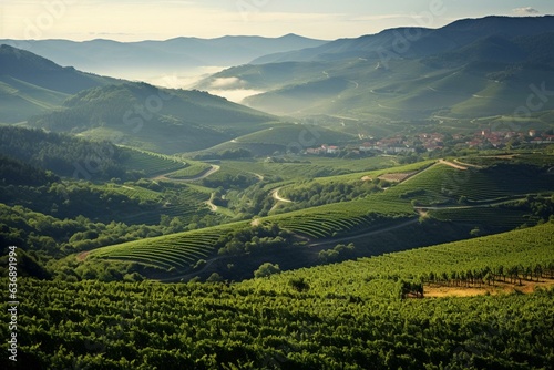 Vast vineyards in Pontevedra, Spain producing exquisite Albariño white wine. Generative AI