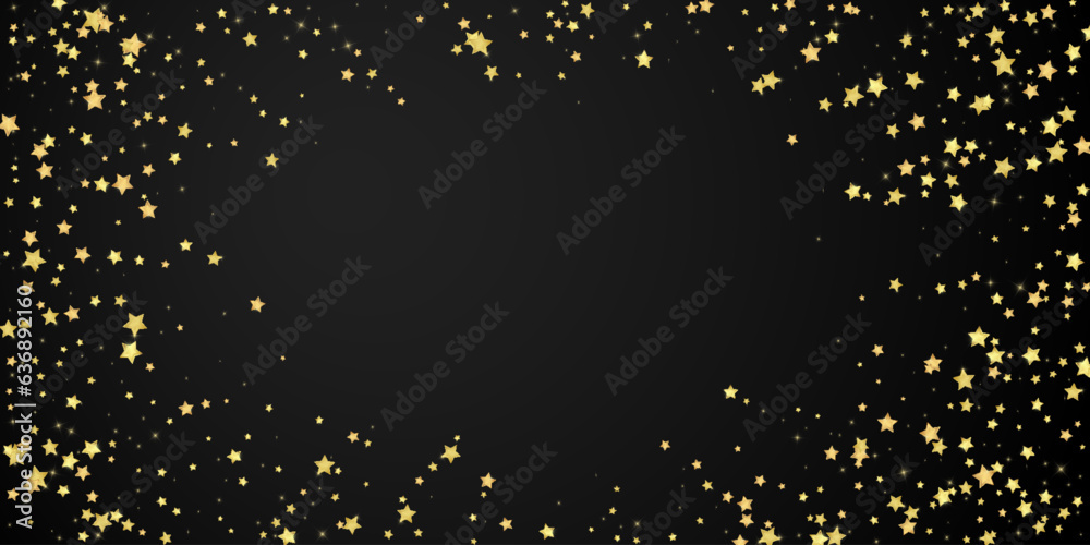Magic stars vector overlay. Gold stars scattered around randomly, falling down, floating. Chaotic dreamy childish overlay template. Miraculous starry night vector on black background.