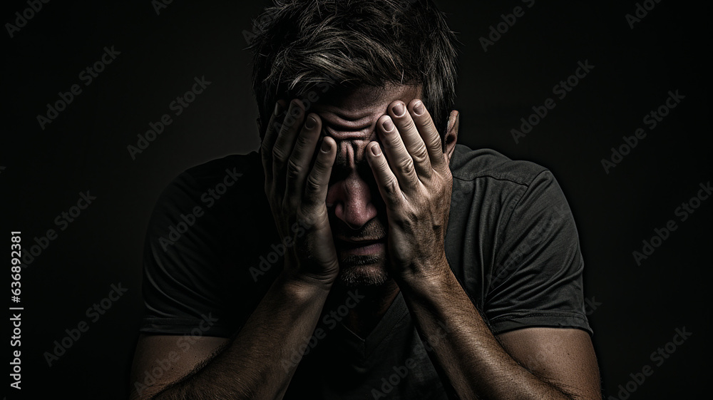 Concept of Physical and Psychological Exhaustion. The man's hands hold his head, shoulders slumped, and his facial expression shows tiredness and helplessness.
