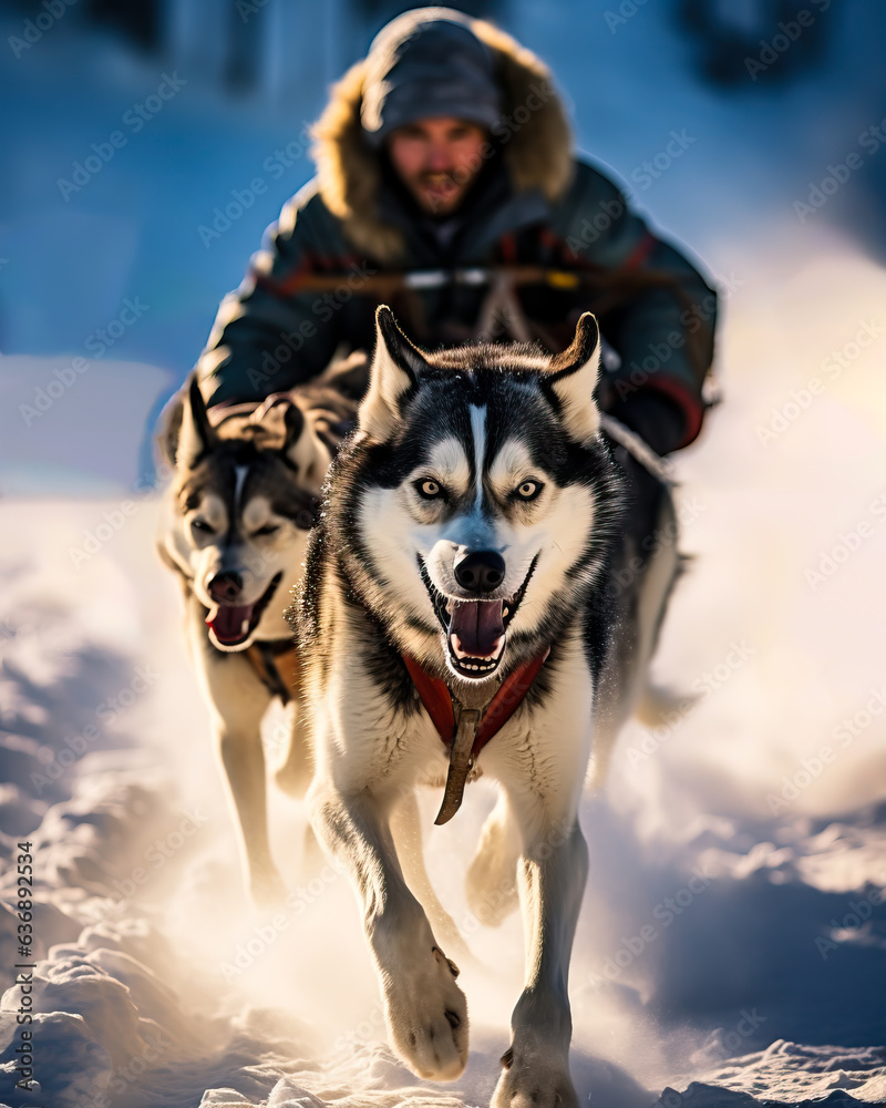 Husky sled dogs pulling a sled in arctic mountain wilderness. Shallow field of view. Husky sled dogs pulling a sled in arctic mountain wilderness. Shallow field of view.