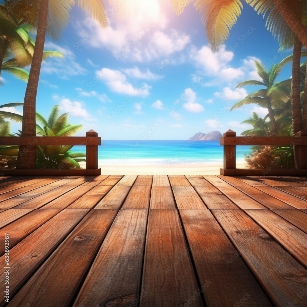 empty wooden table rustical style for product presentation with a blurred tropical beach in the background