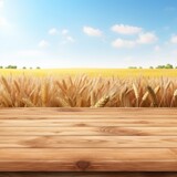 empty wooden table rustical style for product presentation with a blurred wheat field in the background