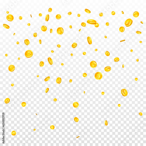 British pound coins falling. Scattered gold GBP coins. United Kingdom money. Jackpot wealth or success concept. Square vector illustration.