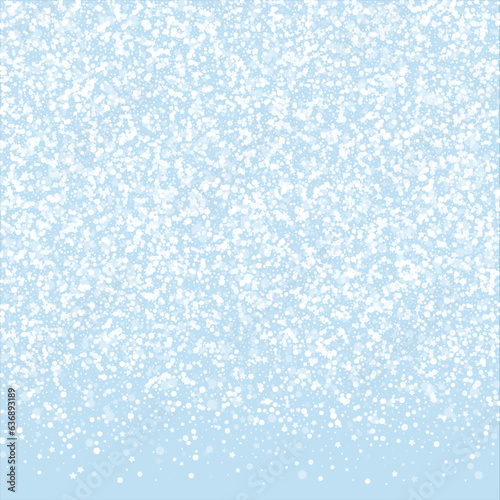 Falling snowflakes christmas background. Subtle flying snow flakes and stars on light blue winter backdrop. Beautifully falling snowflakes overlay. Square vector illustration.