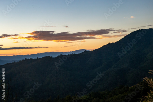 View of hill and sunset. Beautiful nature background.