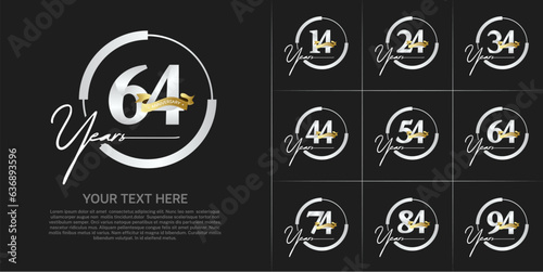set of anniversary logo with silver number in circle and golden ribbon can be use for celebration