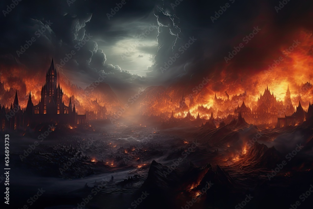 Fantasy medieval battle of warriors of good and evil. The battlefield is in full swing, a desperate battle between ice and fire. Generative AI. Fantasy medieval battle of warriors of good and evil. The battlefield is in full swing, a desperate battle between ice and fire. Generative AI.