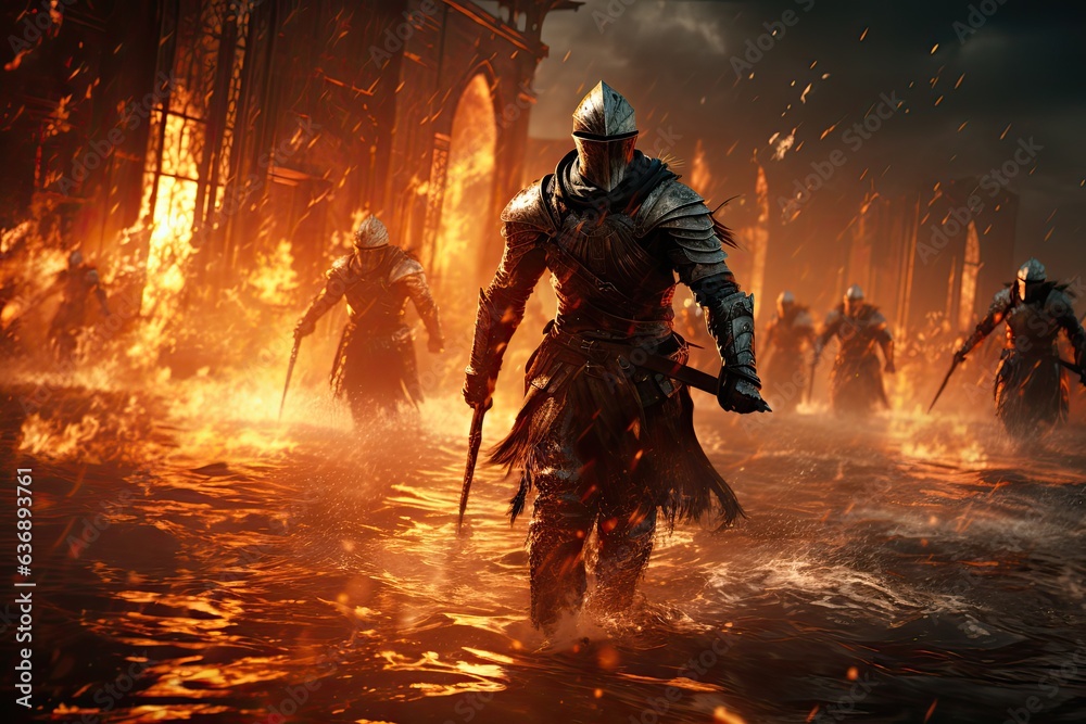 Fantasy medieval battle of warriors of good and evil. The battlefield ...
