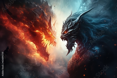 Fantasy medieval battle of warriors of good and evil. The battlefield is in full swing, a desperate battle between ice and fire. Generative AI. © Hui
