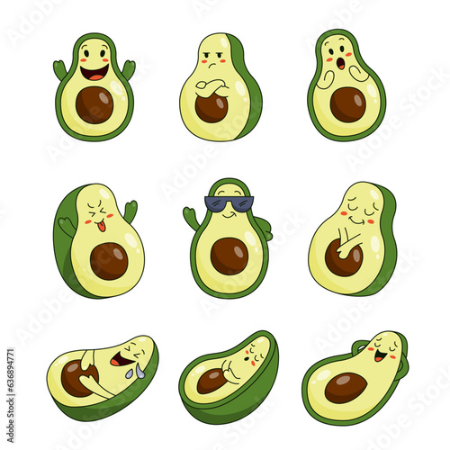 Avocado cute cartoon character. Fruit funny different poses.Vector drawing. Collection of design elements.