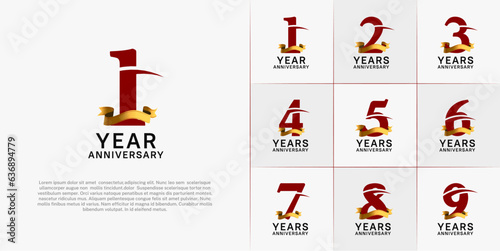 set of anniversary logo with red number and golden ribbon can be use for celebration