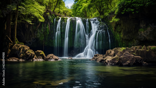 Panoramic beautiful deep forest waterfall. AI Generative.