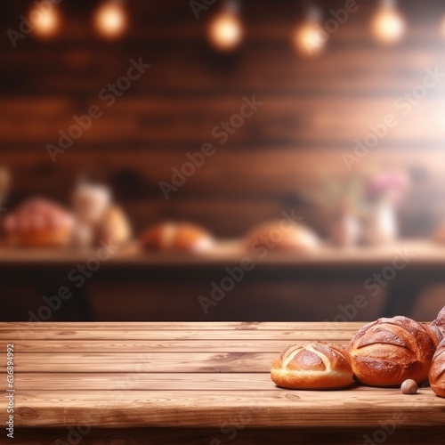 empty wooden table rustical style for product presentation with a blurred bakery in the background