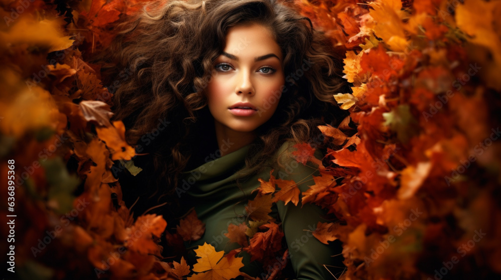 Gorgeous woman in autumn/fall, desktop background for laptop etc.
