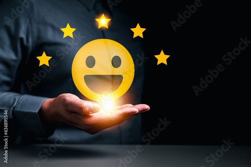 satisfaction, check, choice, mark, survey, consumer, smiley, evaluate, choose, feedback. on top of hand smiley mark is showing for evaluate satisfaction check it. then around marks five star rating.
