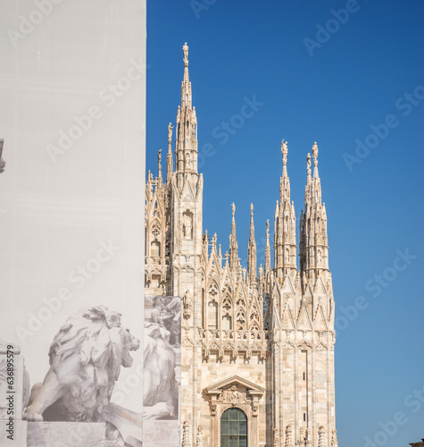 Milan Italy, Portion of Milano Duomo Cathedral with nobody skyline no place
