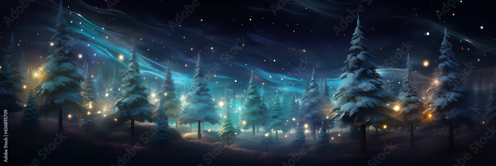 Magical forest with christmas trees and blurry glowing lights