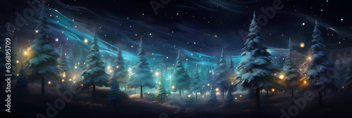 Magical forest with christmas trees and blurry glowing lights