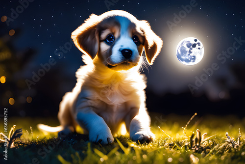 Cute and adorable puppies under the bright moonlight. Generative AI