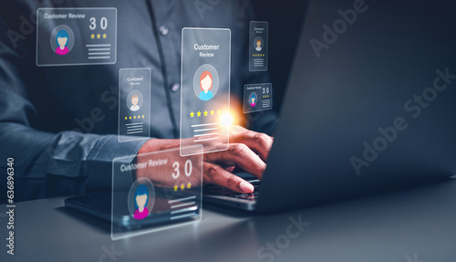 feedback, quality, rating, review, survey, experience, user, opinion, consumer, customer. typing keyboard to view customer experience and feedback. rating quality from survey to useful business photo