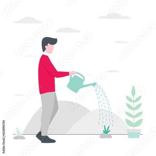 Plant watering - gray background with bright people