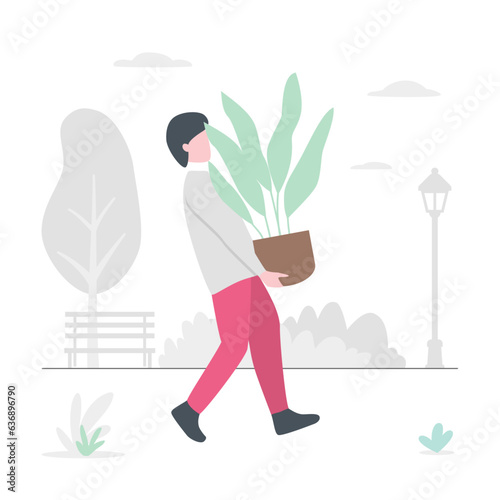 Carrying plant - gray background with bright people
