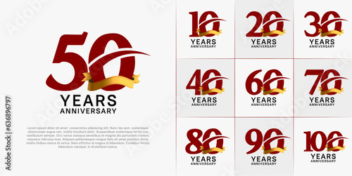 set of anniversary logo with red number and golden ribbon can be use for celebration