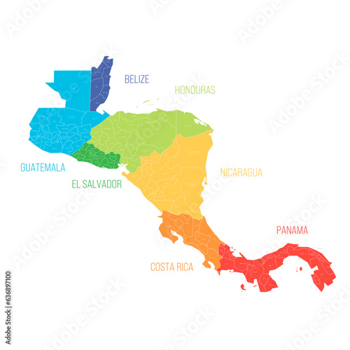 Countries of Central America - map with administrative divisions of Belize, Guatemala, Honduras, El Salvador, Nicaragua, Costa Rica and Panama. Colorful map with labels.