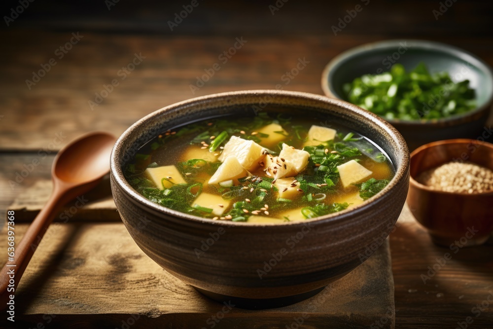 Japanese food miso soup with tofu in bowl on rustic wooden table top.