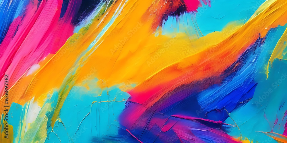 A macro view of a vibrant abstract painting, with a mix of thick brushstrokes and pallet knife paint creating a textured canvas of complementary colors. A macro view of a vibrant abstract painting, with a mix of thick brushstrokes and pallet knife paint creating a textured canvas of complementary colors.