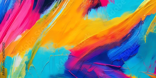 A macro view of a vibrant abstract painting  with a mix of thick brushstrokes and pallet knife paint creating a textured canvas of complementary colors.