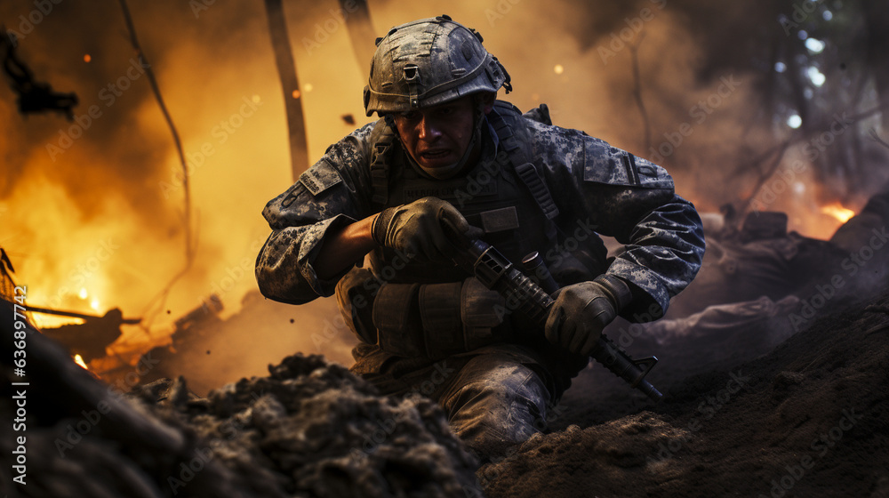 An intense moment captured as a combat medic rushes to provide medical aid to a fallen comrade amid smoke and debris 