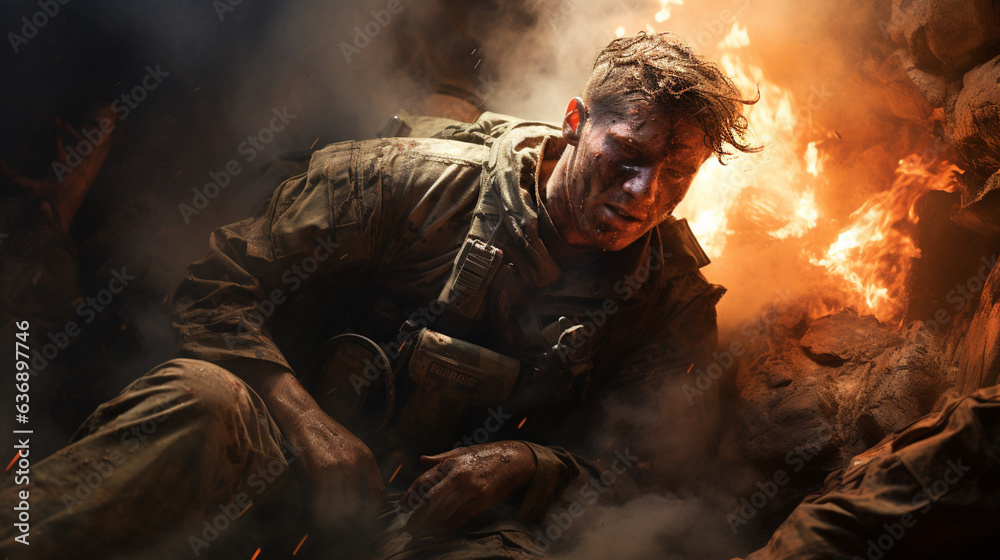 An intense moment captured as a combat medic rushes to provide medical aid to a fallen comrade amid smoke and debris 