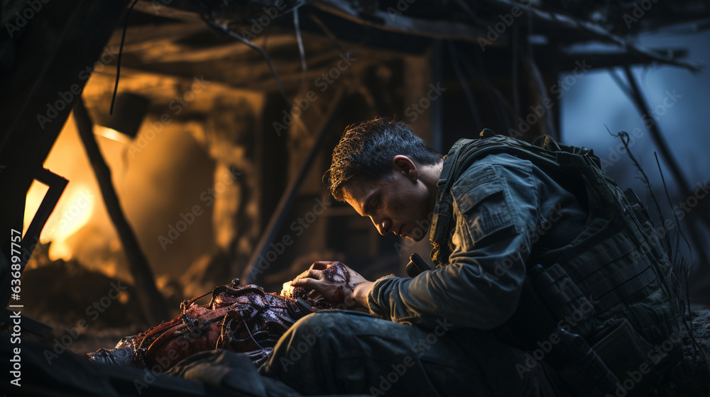 A combat medic in full gear, providing medical assistance to an injured soldier in a realistic battlefield setting A combat medic in full gear, providing medical assistance to an injured soldier in a realistic battlefield setting