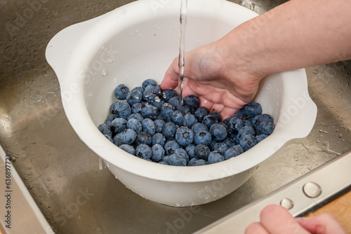 Dojrzałe owoce borówki amerykańskiej w trakcie mycia w misce pod bieżącą wodą w kuchni 