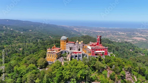 Sintra, Portugal: Aerial view of picturesque castle Pena Palace (Palácio da Pena) - landscape panorama of Europe from above photo